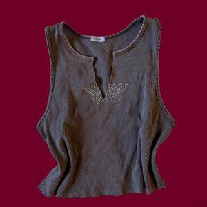 tan/gray cropped tank top with butterfly gems